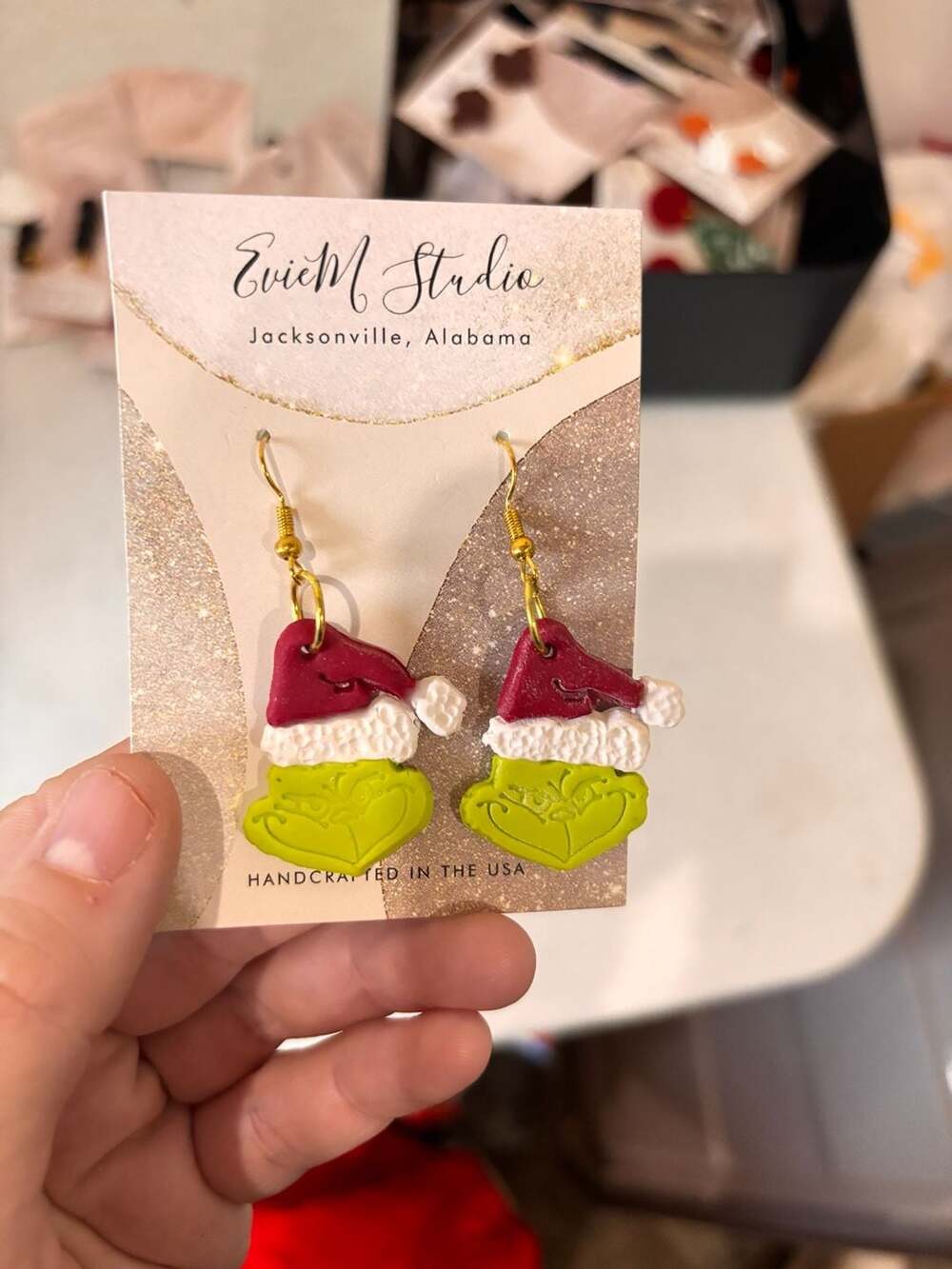 EvieM Studio Handcrafted Polymer Clay Grinch Santa Hat Dangle Earrings